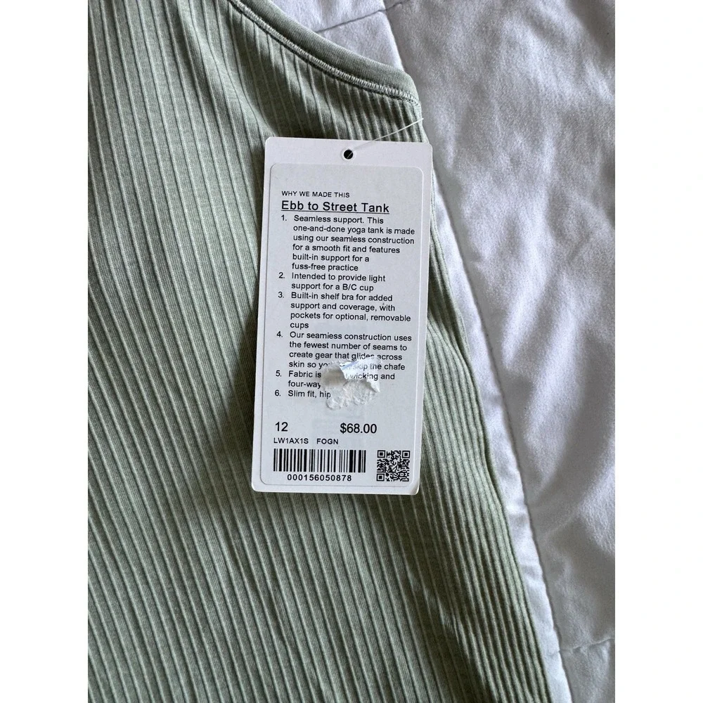 New Lululemon Ebb to Street Tank Top Size 12 W/Bra Hip Length Fog Green NWT